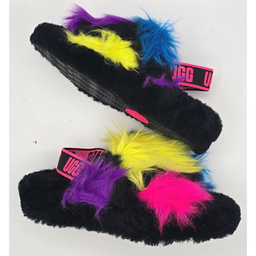 UGG Fluff Yeah Party Spots Slides Black Multicolor Womens 8 Fur Sandals Slippers - Picture 4 of 10